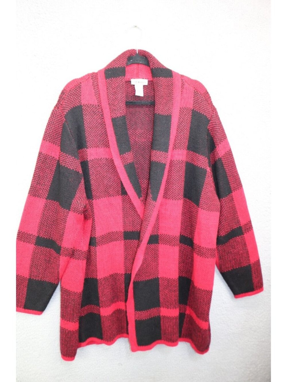 Catherine's Long Puff Sleeves Open Front Black Red Plaid Sweater-2X-Very Soft